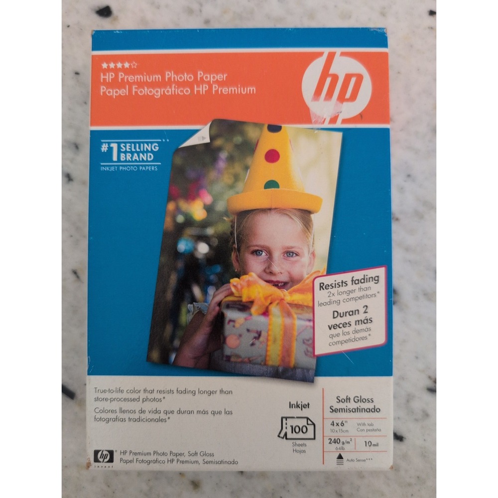 HP Premium 4x6 Photo Paper Soft Gloss 100 sheets Preforated Tab Inkjet NEW